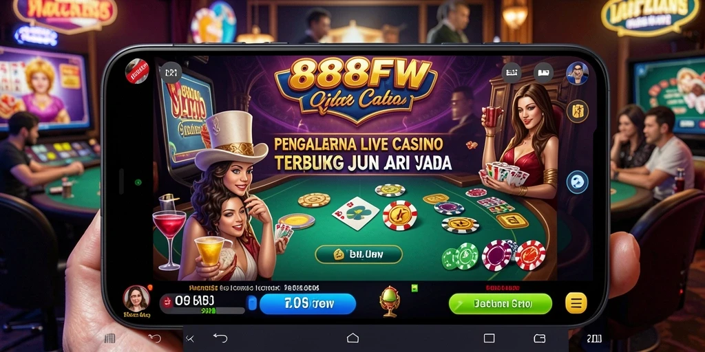 Screenshot utama 888FW menunjukkan dealer profesional di Live Casino.