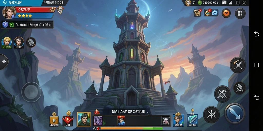 Tampilan gameplay 987UP menampilkan menara yang strategis dan musuh yang menyerang.