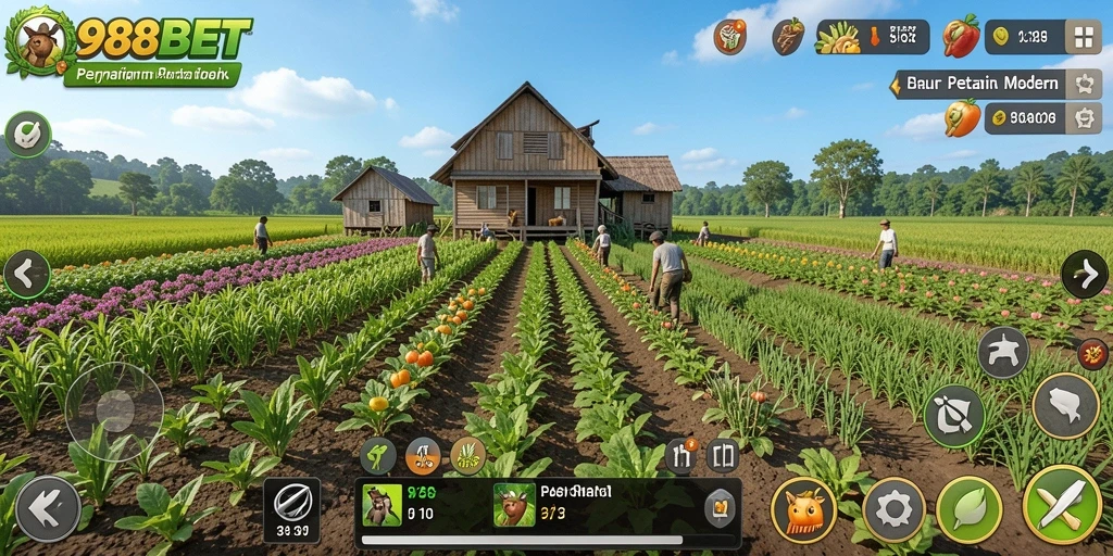 Tampilan gameplay 988BET dengan ladang yang indah dan aktif.