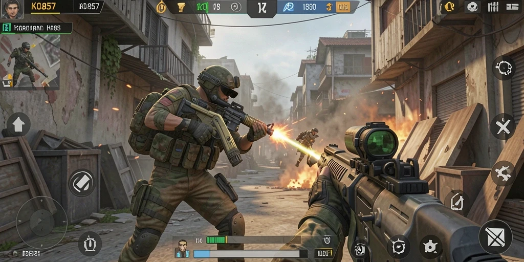 Screenshot KO857 dengan aksi tembak-menembak yang seru dan grafis menawan.