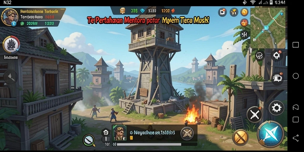 Tampilan menara dan gelombang musuh dalam gameplay N32 Tower Defense.