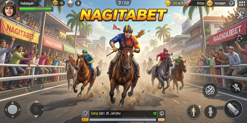 Screenshot NAGITABET menampilkan balapan mendebarkan dengan mobil yang melaju kencang.
