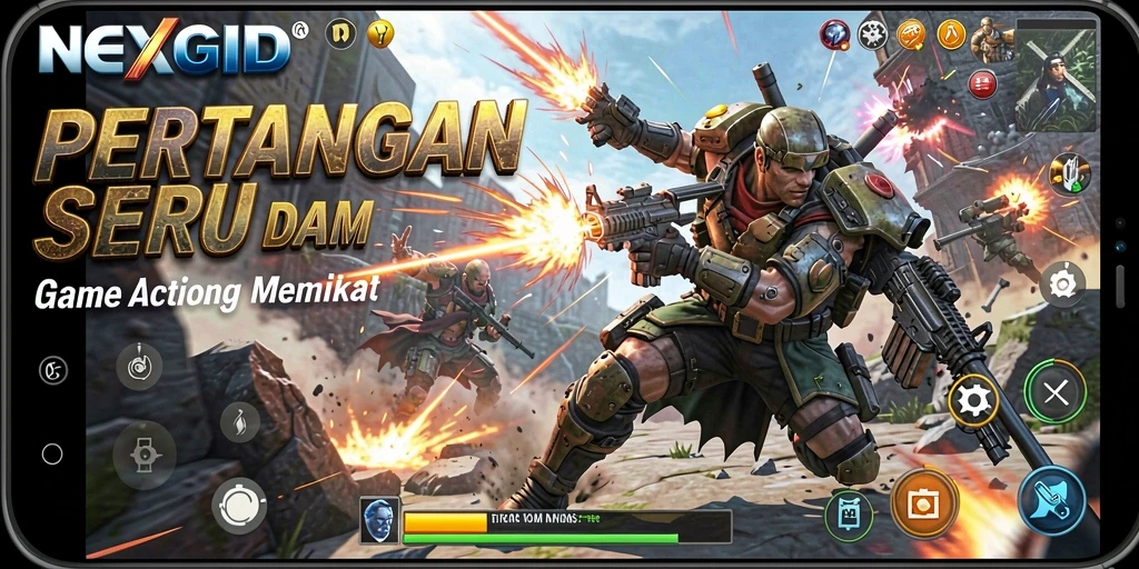 Screenshot utama NEXGID menampilkan aksi pertempuran yang mendebarkan.