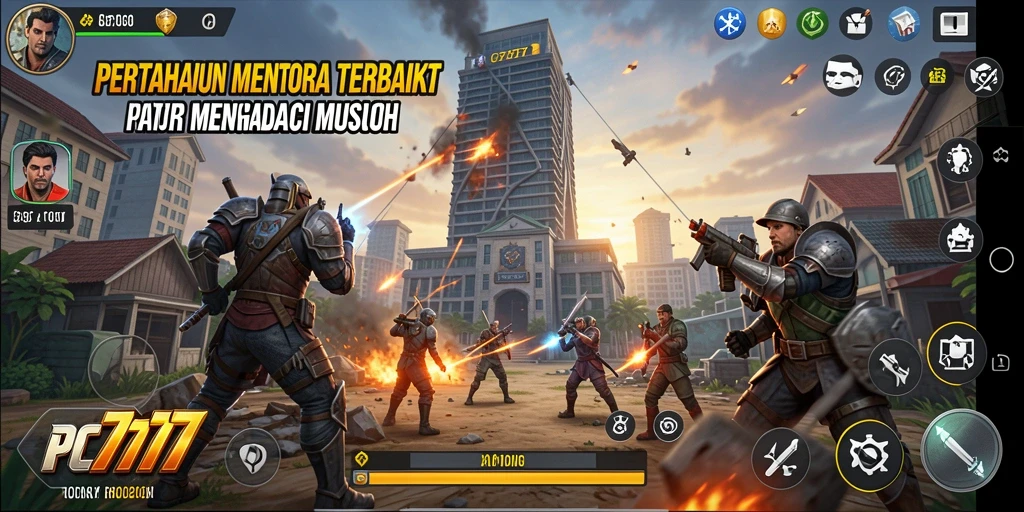 Tangkapan layar utama PC777 menampilkan aksi seru dalam pertempuran Tower Defense.