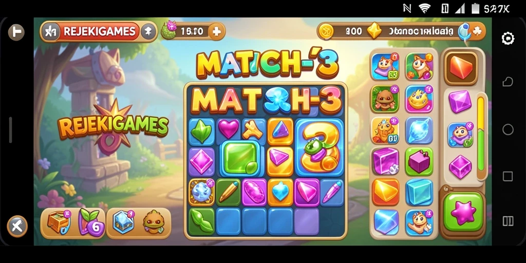 Tangkapan layar REJEKIGAMES yang menunjukkan gameplay Match-3 yang seru.