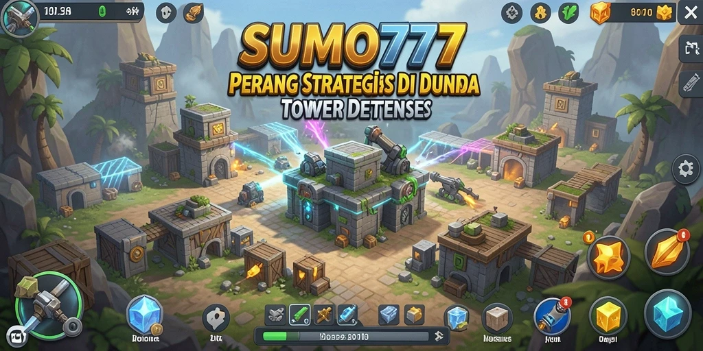 Tampilan gameplay seru dalam SUMO777 dengan menara pertahanan yang strategis.