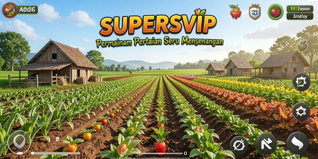 Tangkapan layar gameplay SUPERSVIP menampilkan kebun yang subur dan aktif.
