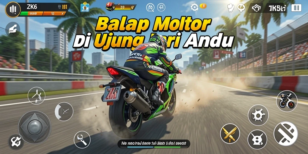 Screenshot gameplay ZK6 menampilkan aksi balap motor yang menegangkan.